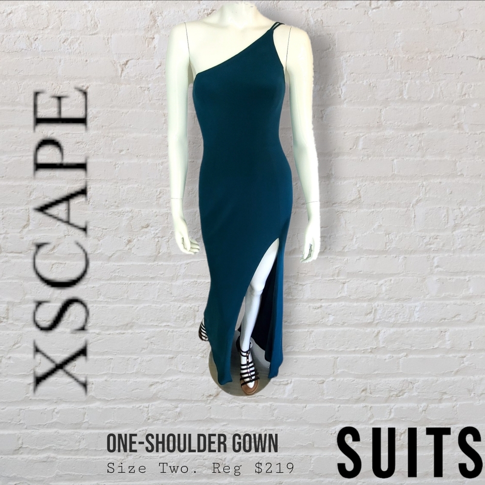 Xscape One-Shoulder Teal/Turquoise Crepe Dress with Slit Women's Size 2
